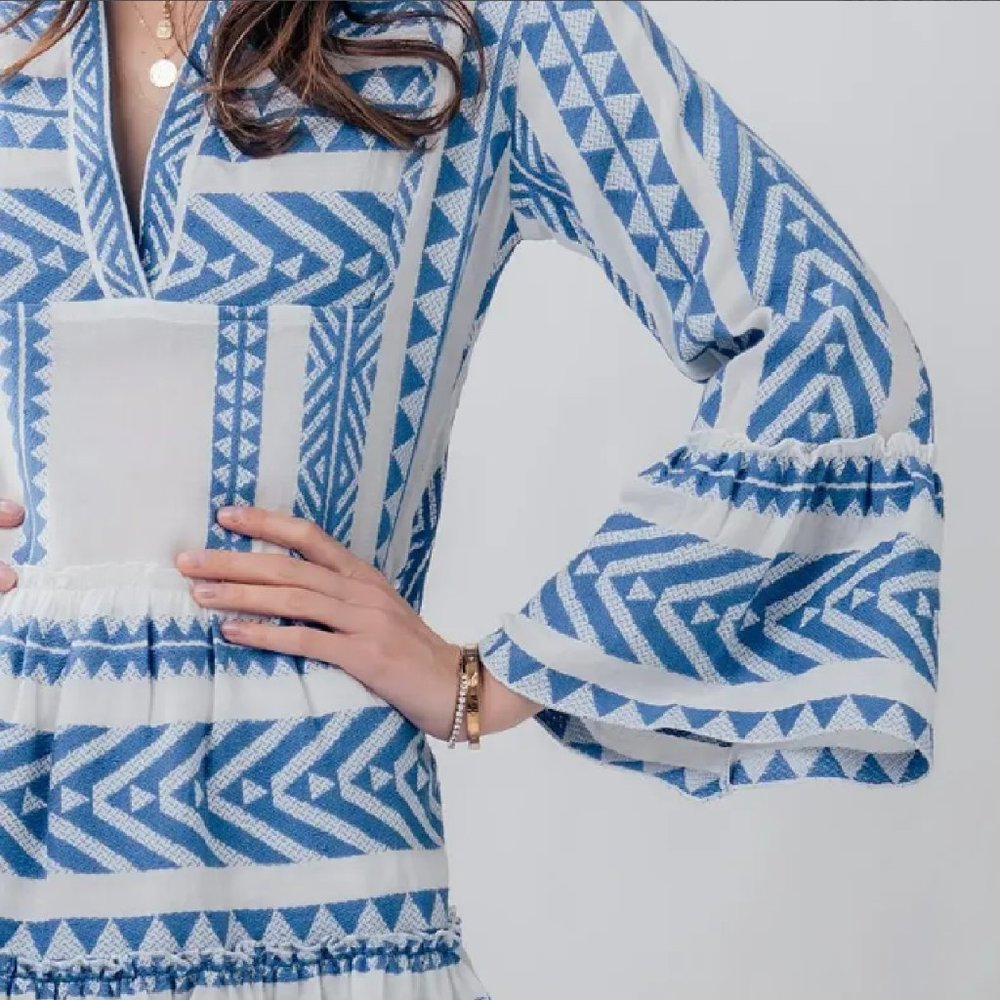 GEO PATTERN RUFFLE BELL SLEEVE DRESS - Picture 4 of 6
